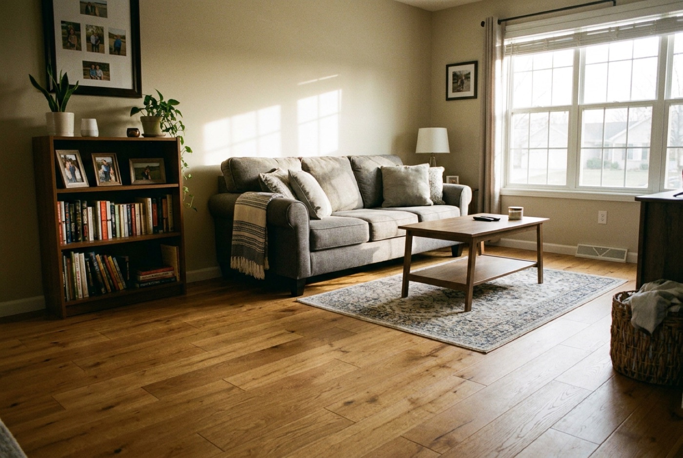 A room after new flooring, with fresh plank floors and a light finish.