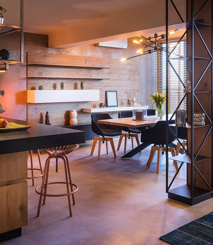 Industrial style dining area.