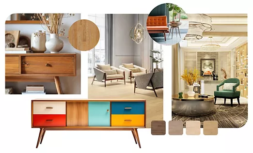 A collage of flooring trend rooms, from bold pattern to natural wood tones.
