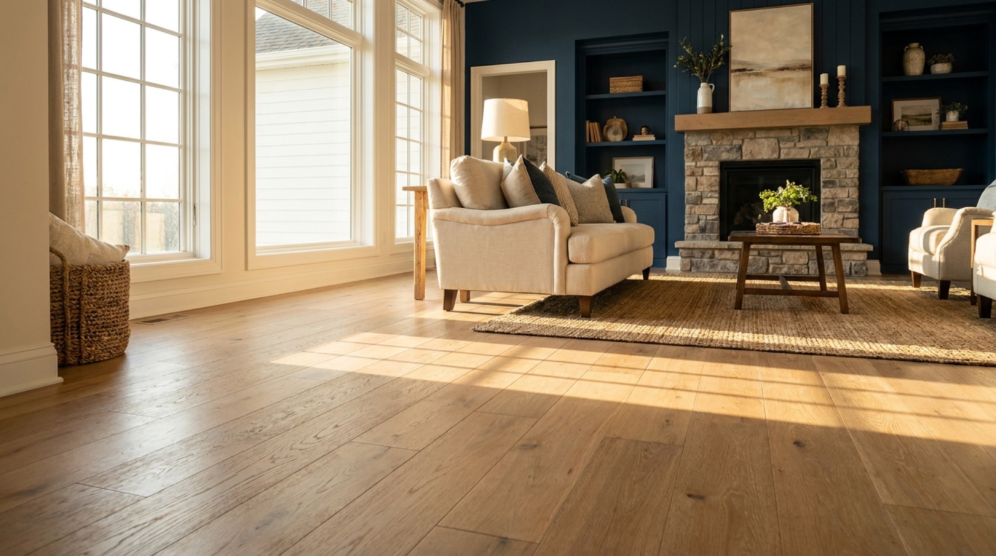 A sunlit living room with wide oak plank flooring running toward tall windows.