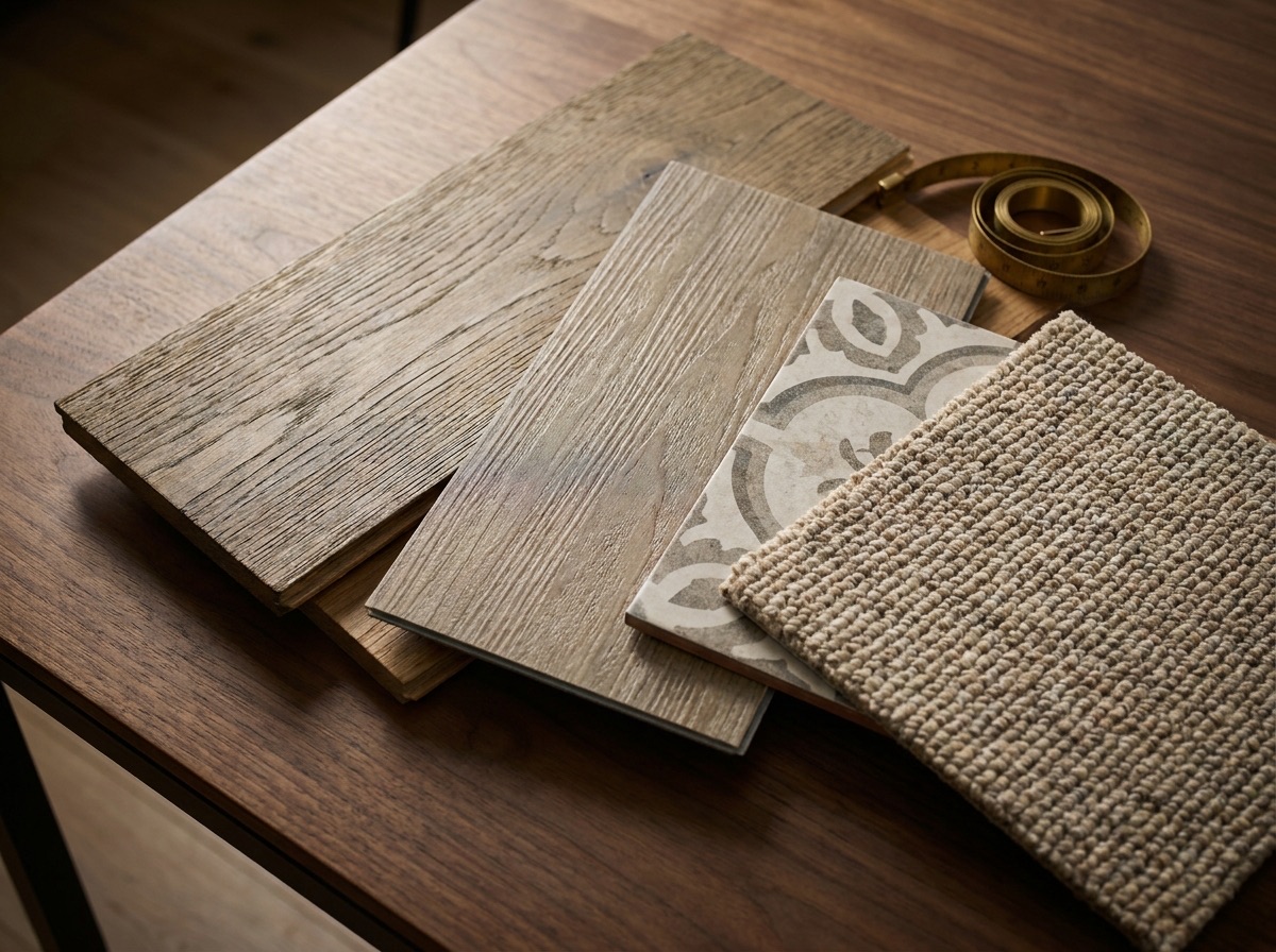 Flooring samples and plank displays arranged in a showroom.