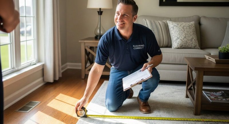 A tape measure run across a living room floor, with a clipboard alongside it.