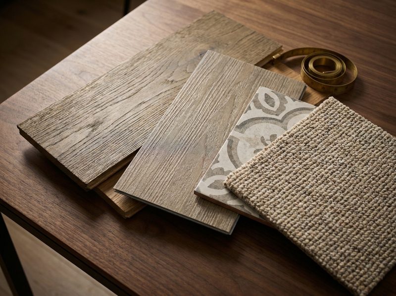Wood, tile and carpet samples fanned out on a table beside a tape measure.